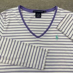 Ralph Lauren Sport t-shirt womens white purple stripe aqua pony logo preppy pima